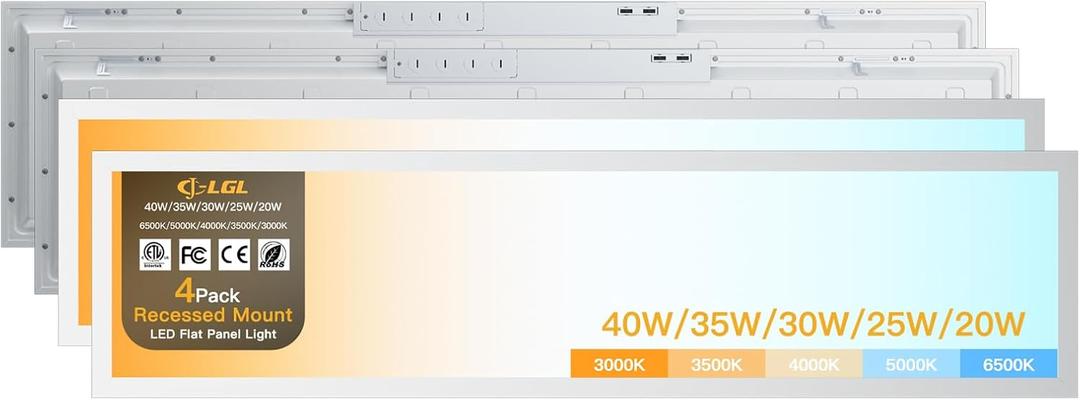 1x4 LED Flat Panel Light,Selectable 5CCT,0-10V Dimmable,5200LM,4Pack | Recessed Mount,3000K/3500K/4000K/5000K/6500K,20W/25W/30W/35W/40W, 1x4FT LED Drop Ceiling Fixture for Office,School,ETL Listed