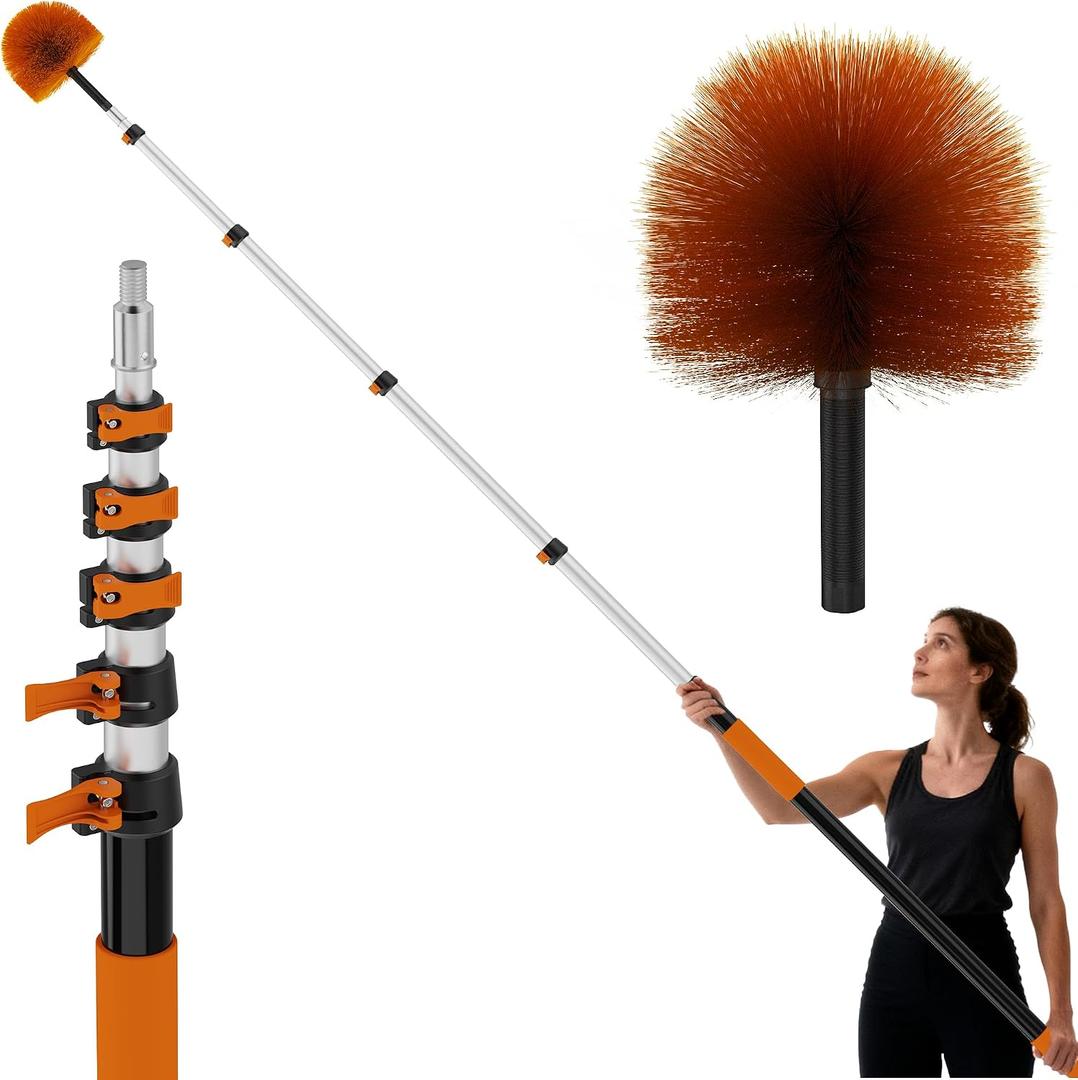 26 FT Reach Cobweb Duster with 5-20FT Telescoping Pole, Dual Action Flip-Lock & Screw Fixing Design, Washable Reusable Duster for High Ceilings, Fans & Home Cleaning