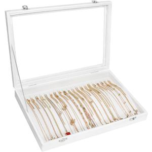 Necklace Organizer Box Premium 20 Hooks Velvet Necklace Display Jewelry Tray with Transparent Lid Jewelry Necklace Display Box for Necklace Pendants Suitable for Women and Girls (Ivory)