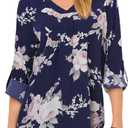 Youtalia Womens Blouses Dressy Casual Business Tops 3/4 Sleeve Chiffon V Neck Work Office Shirts (Small, Multicolor Blue)