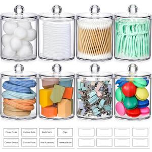 AOZITA 8 Pack Acrylic Qtip Holder Dispenser with Lids & Labels, Cotton Swab, Ball, Round Pads, Floss Picks Storage Canister - Clear Plastic Apothecary Jar for Bathroom Vanity Makeup Organizer