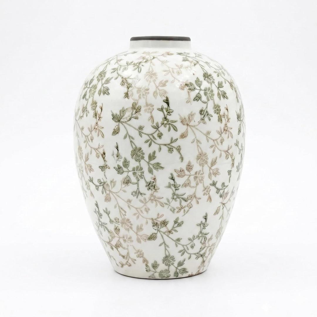 Ceramic Flower Vase, Vintage Ice Crackle Glaze Porcelain Vase for Flower Arrangement, Chinoiserie Style Rustic Farmhouse Vase for Home Table Bookshelf Kitchen Living Room, WhiteGreen 10.5 Inch