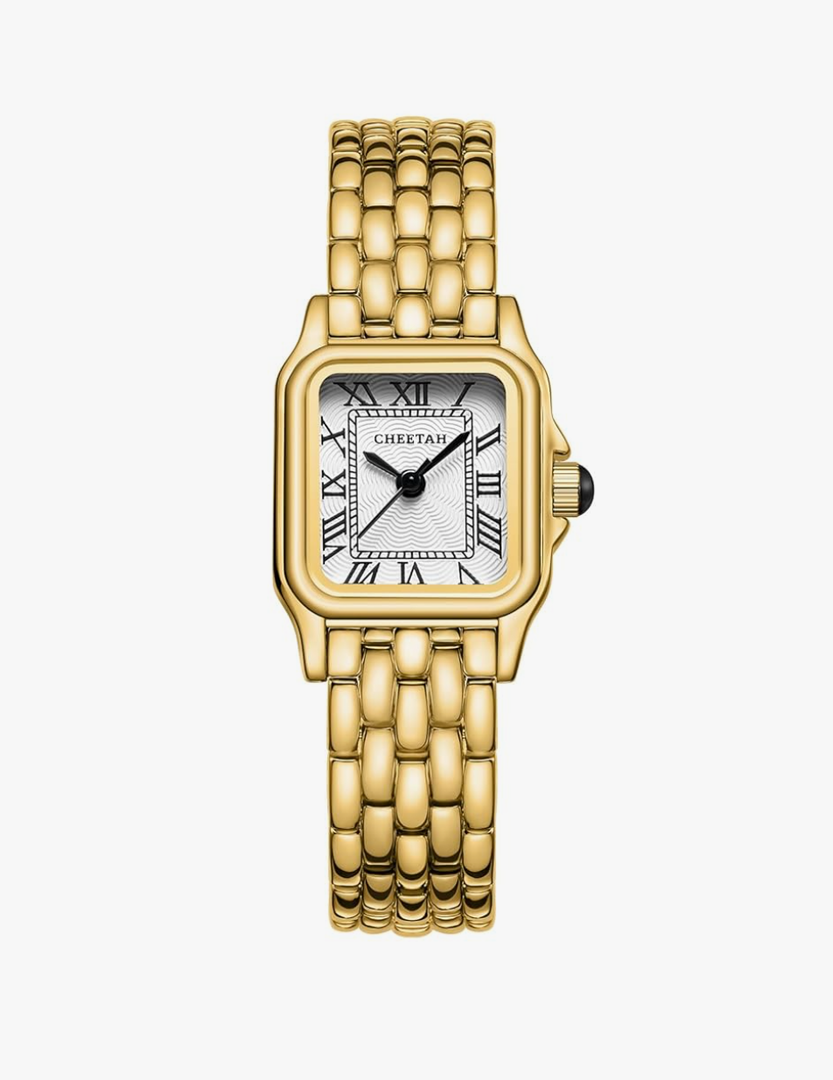 Gold Watches for Women with Small Vintage Bracelet, Rectangular Case Roman Dial