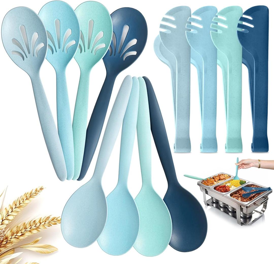 Reusable Plastic Serving Utensils Set of 12, Wheat straw Large Serving set 10" Serving Spoons/10" Slotted Spoons/9.4" Tongs, for Party Buffet Catering (Ocean, Not for Cooking)