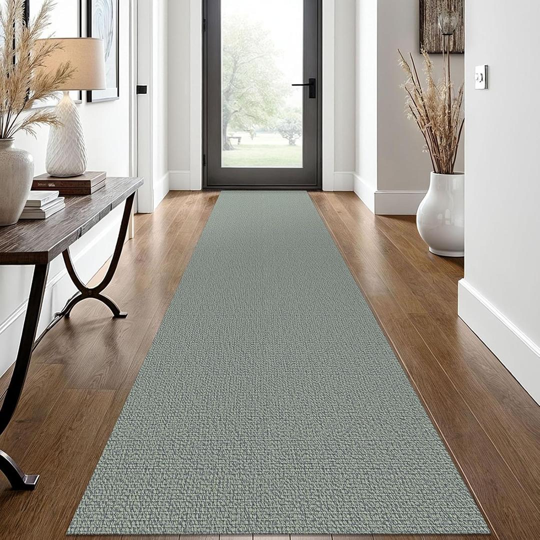 EARTHALL Washable Runner Rug 2x12 Ft Non Slip Runners for Hallways Long Cotton Rubber Backed Kitchen Runner Braided Indoor Floor Carpet Runners for Entryway, Hall, Kitchen, Green/Grey