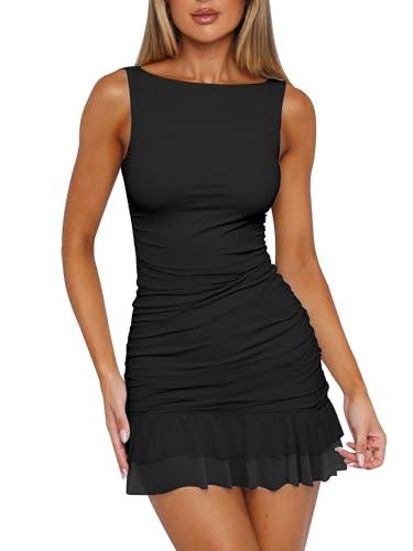 HOCILLE Women's Sexy Bodycon Boat Neck Mini Dresses Sleeveless Ruched Ruffle Hem Club Party Short Dress, X-Small, Black