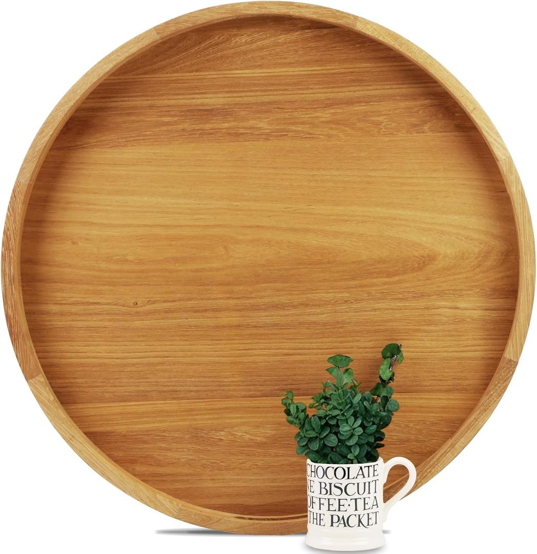 24 Inches Extra Large Round Teak Wood Ottoman Tray with Handles, Serve Tea, Coffee Classic 2 Feet Wooden Decorative Serving Tray