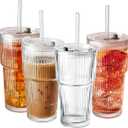 SUROQUE 20oz Ribbed Glass Tumblers with Lids & Straws, Ideal for Iced Coffee, Cocktails & More - Includes Cleaning Brush (EXP 11/25/26)