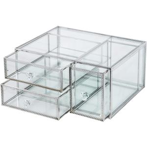 Vellon Vintage Glass Jewelry Box with Drawers, Makeup Desktop Organizer Drawer, Cosmetic Storage, Glass Box for Bracelet/Necklace/Ring/Cosmetic, Keepsake Box, Silver Stainless Steel Frame