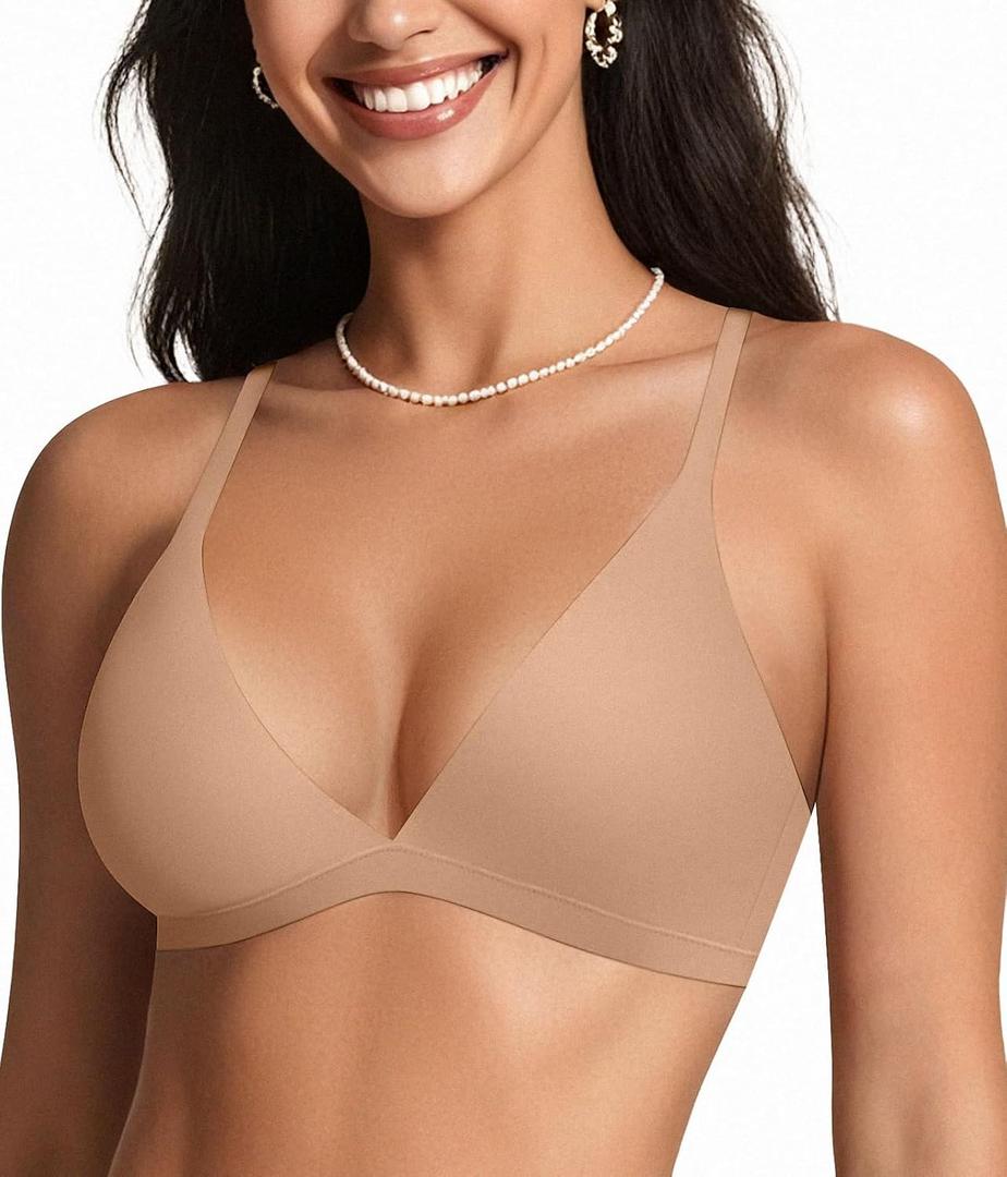 OEAK Womens Comfortable Triangle Bras No Underwire Sexy Plunge Unlined Bralette Pull On Bra Seamless Everyday Tshirt Bras (Nude, XL)