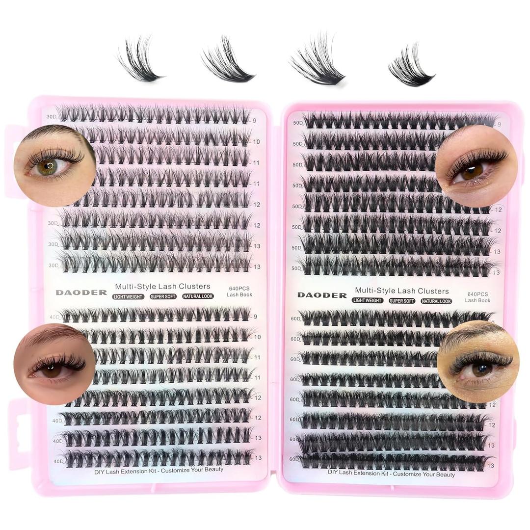 DAODER Cluster Lashes Natural Look 640pcs Wispy Lash Clusters 9-13mm Short Eyelash Extension With 30D+40D+50D+60D Mixed Lash Book D Curl Natural Lash Extension (30D+40D+50D+60D 9-13MM)