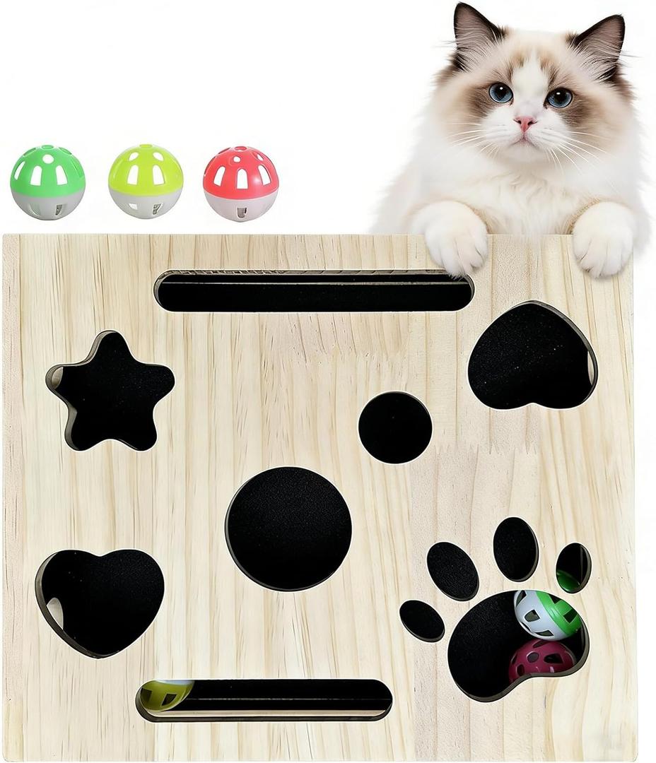 Cat Nail File Box for Indoor Cats, 2026 Upgrade Wooden Scratch Puzzle Enrichment Box with Bell Ball & Sandpaper  Stress-Free Nail Trimming Alternative to Clippers
