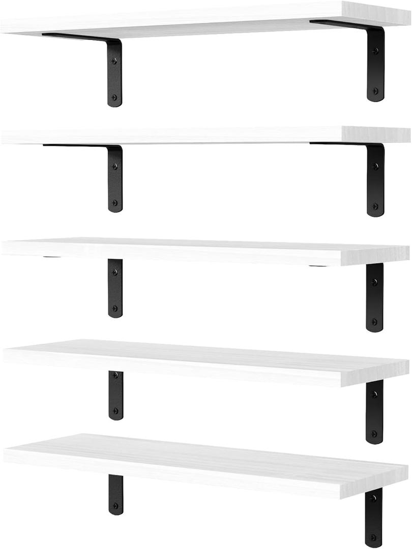 DOLLFIO Floating Shelves, 5 Sets Wall Shelves, Wooden Floating Shelves for Bedroom Wall Decor, Wall Mounted Floating Bathroom Shelf for Storage, Floating Book Shelf, Living Room White