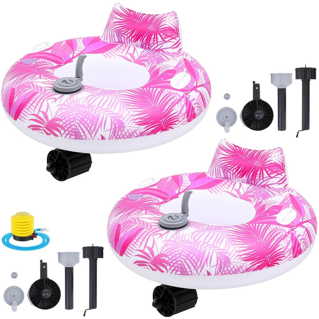 ShinyRelief 2 Sets Motorized Pool Float for Adults, Electric Inflatable Pool Lounger Float Driving Tube Floating with Pusher Handles Cup Holder for Summer Water Beach(Leaves,Pink)