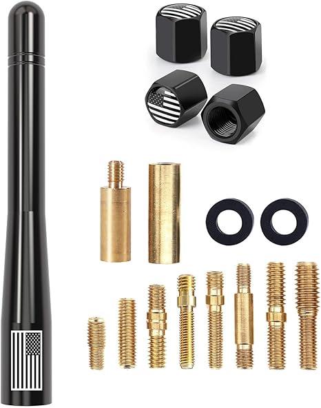 American Flag Car Truck Short Antenna 7“ with Tire Valve Caps for GMC Sierra Dodge Ram Chevy Silverado 1500 2500 3500 Avalanche Ford F150 F250 F350 Super Duty Raptor Bronco, Car Accessories (Black)