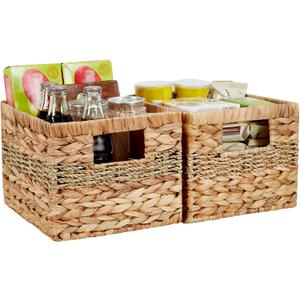 Water Hyacinth Wicker Basket, Decorative Woven Baskets with Built-in Handles, Hand-woven Storage Organizer for Organizing Pantry, Livingroom, Bedroom, Shelves, Toilet(2-PACK, Blended)