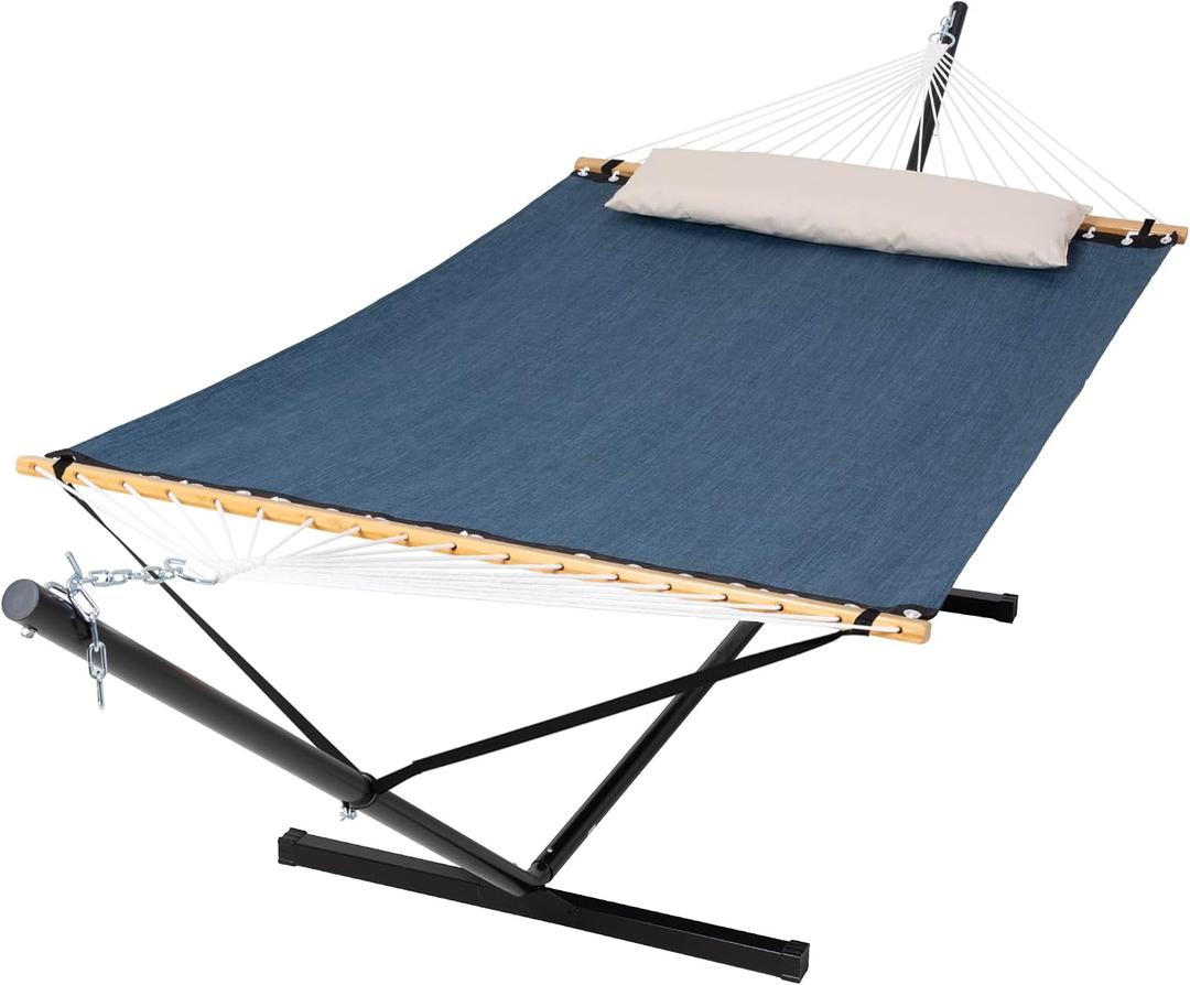 SUNCREAT Hammocks for Outside with Stand, Quick Dry Two Person Hammock with Head Pillow, 450 lbs Capacity, Navy