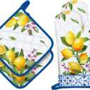 Summer Lemon Oven Mitts and Pot Holders Sets 4Pcs, 100% Cotton Heat Resistant, Extra Long Oven Gloves Potholder for Kitchen Cooking Baking Decoration