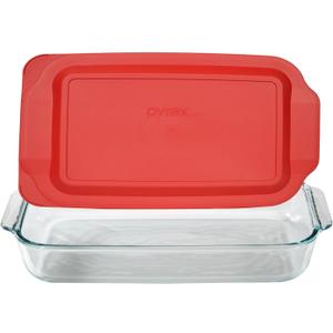 Pyrex Basics 3 Quart Glass Oblong Baking Dish with Red Plastic Lid -9 inch x 13 inch x 2 inch - Original Genuine Pyrex - Made in the USA