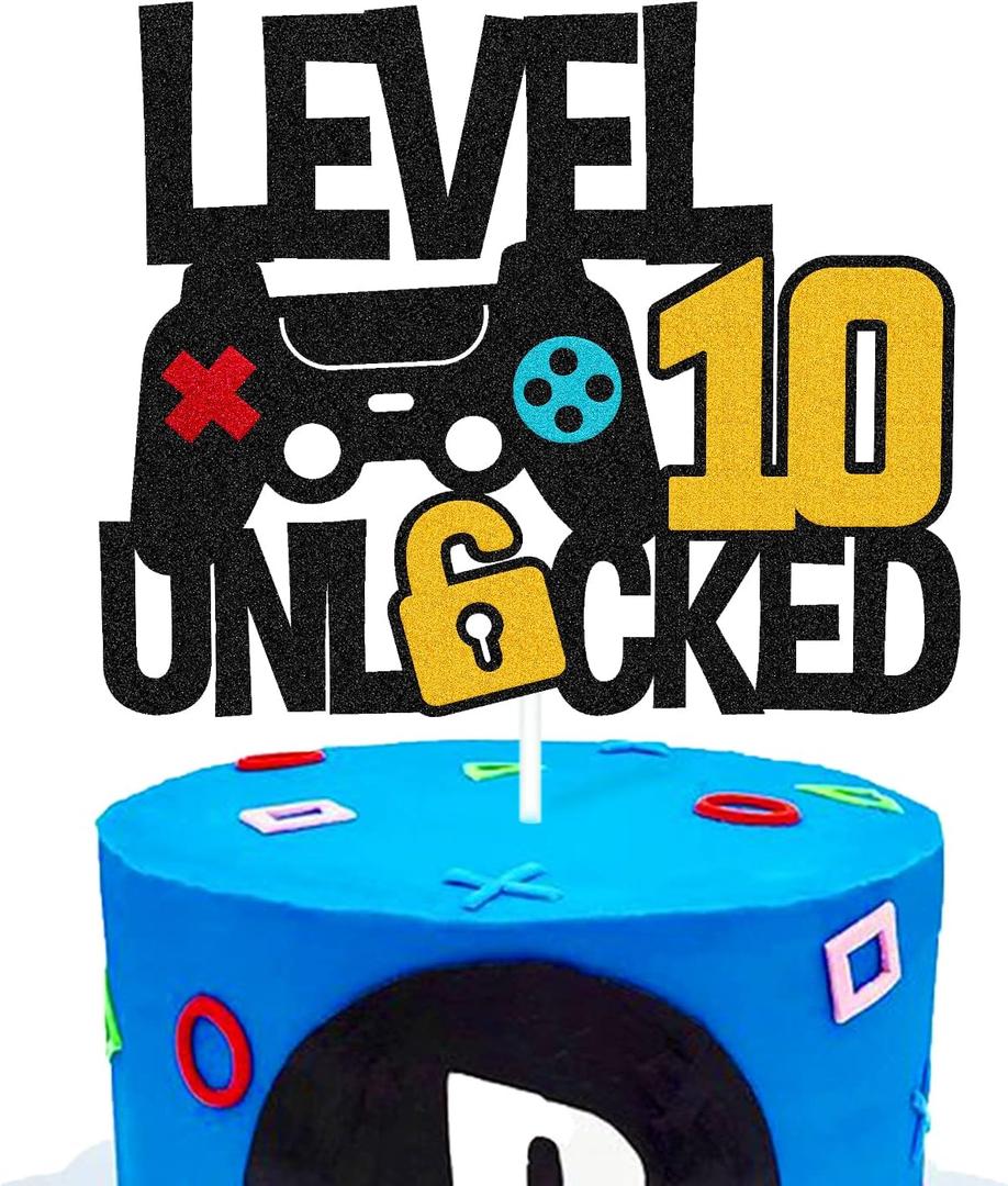 3 x Level 10th Unlocked Cake Topper Game Controller 10s Cake Decoration Happy 10 Birthday Cake Decor Video Play Game Movie Theme Boys Girls Men Women Teenager Bday Party Event Celebration Supplies