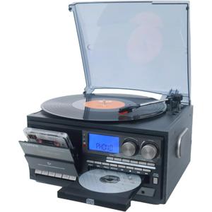 Record Player 9 in 1 3 Speed Bluetooth Vintage Turntable CD Cassette Vinyl Player AM/FM Radio USB/SD Encoding Aux-in RCA Line-Out (Black)