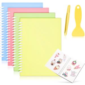 4 Pieces Sticker Collecting Book Album Reusable Sticker Book with a Plastic Spatula and Tweezer A5 Size 8.3" x 5.8" Christmas Notepads Collection Labels Accessories(Pink, Blue, Yellow, Green)