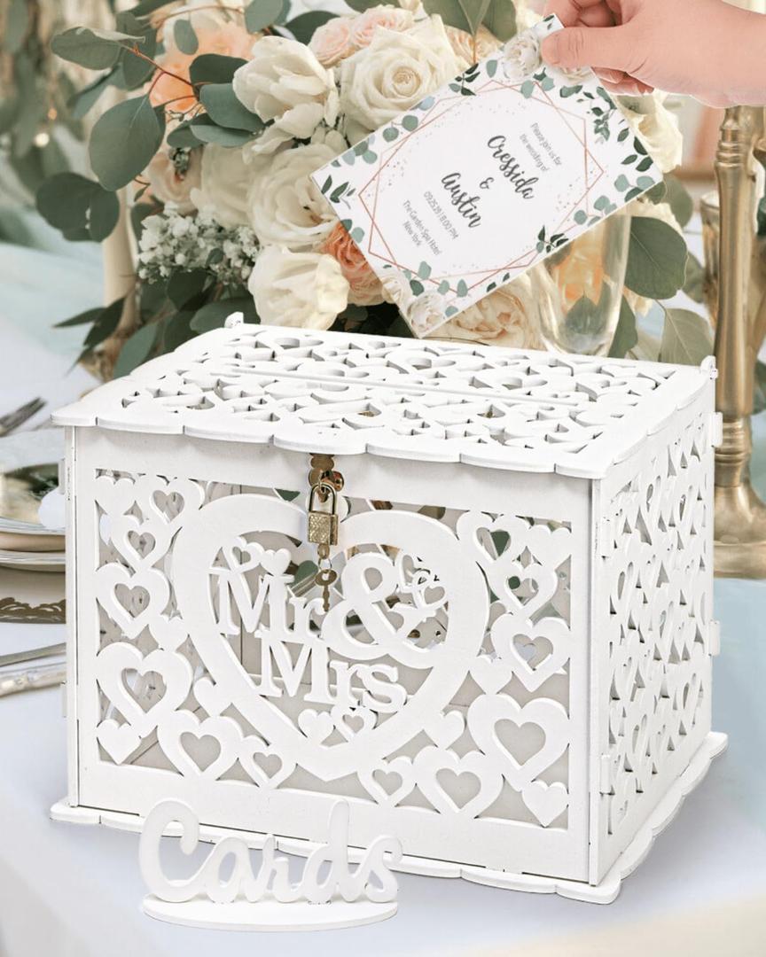 Youeon Upgraded Wooden Wedding Card Box with Lock & Key, Holder for Reception, White Hollow Heart Money Box with Card Sign for Wedding