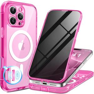 BERFY for iPhone 16 Pro Case, Compatible with MagSafe, Built-in Privacy Screen Protector and Camera Protection, Anti-Spy Full Body Shockproof Phone Case for 16 Pro 6.3", Clear Bright Pink