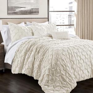 Lush Decor Ravello Pintuck Comforter Set - Luxe 5 Piece Textured Bedding Set - Traditional Glam & Farmhouse Inspired Bedroom Decor - Full/ Queen, Ivory