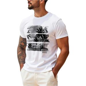 OYOANGLE Mens Palm Tree Print Short Sleeve Graphic T Shirt Hawaiian Summer Beach T-Shirt (White, L)