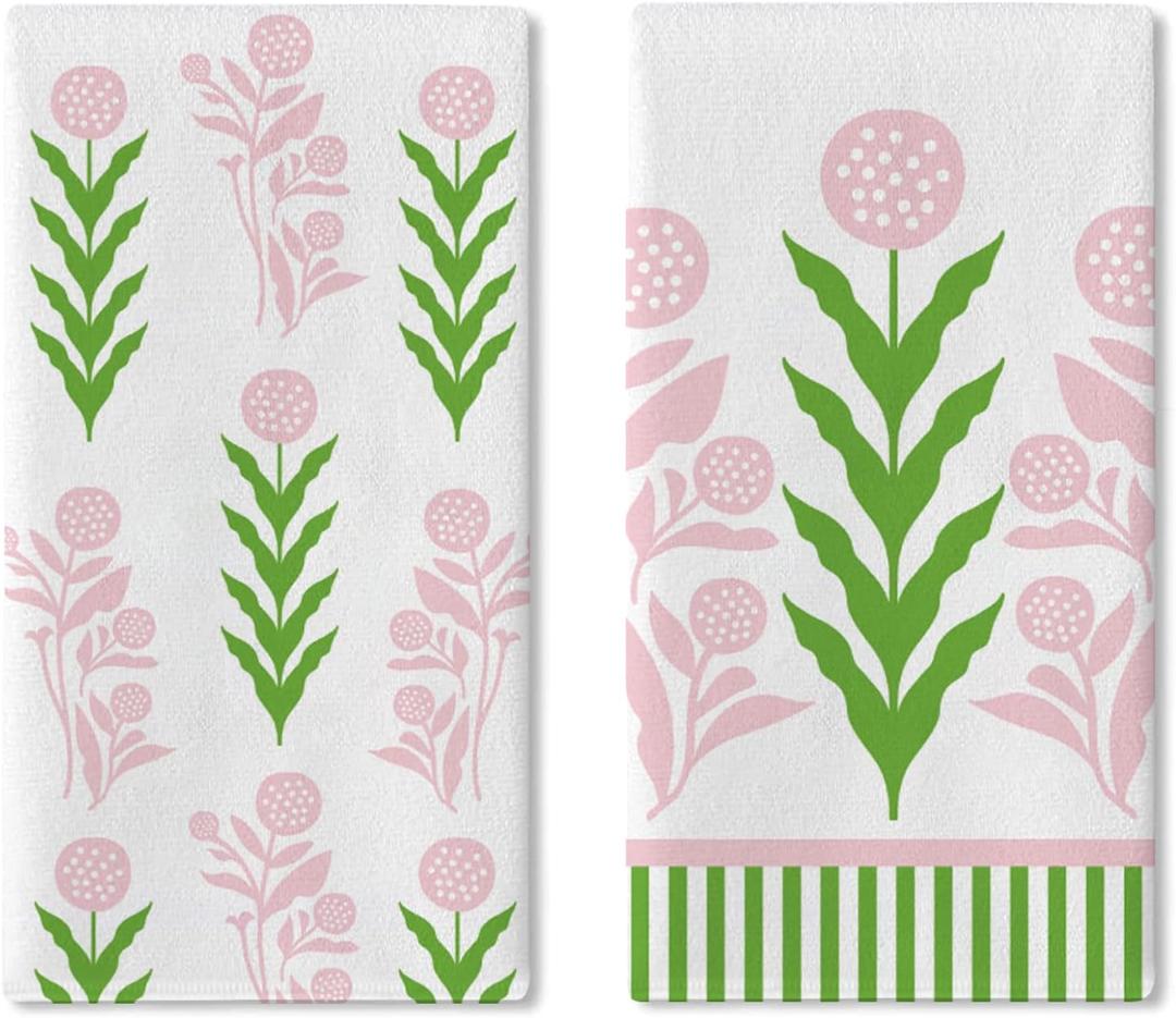 Dandelion Flower Kitchen Dish Towels Set of 2, Botanical Pink Green Floral Drying Hand Towel Baking Cooking Cloth, Spring Summer Bathroom Home Decoration 18'' x 26''