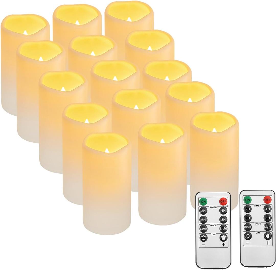 15PACK Outdoor Plastic flameless Candles with Remote Control and Timer, LED Flickering Battery Operated Electric Pillar Candles (D3 xH5.5) for Camping, Weddings, Home Decoration (Plastic Waterpoof - Set of 15 lvory)