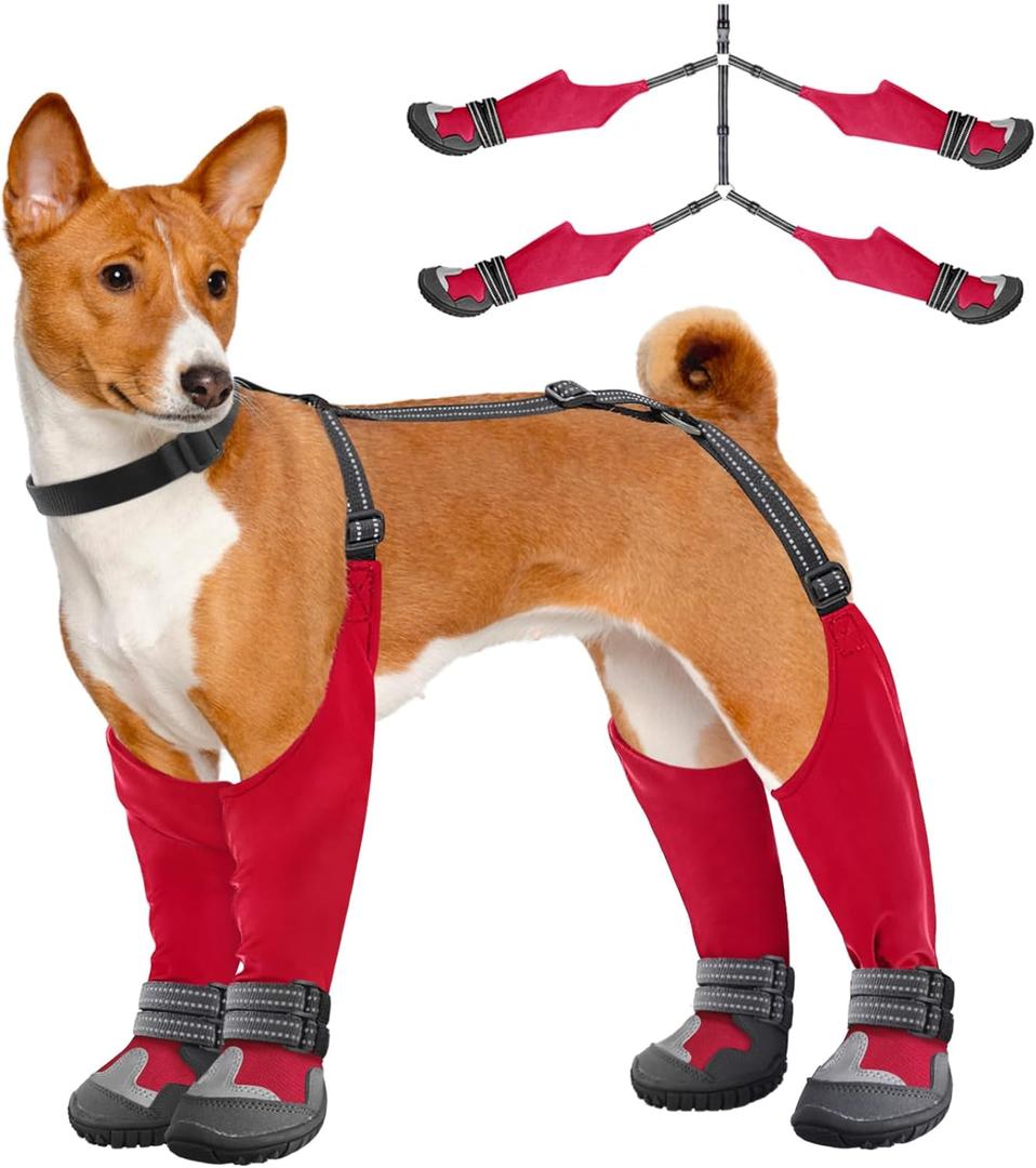 Idepet Dog Suspender Boots, Tall Dog Boots Anti-Slip & Fall Waterproof Dog Shoes Leggings, Adjustable Suspender Boots for Dogs Winter Snow Rain Hiking Paws Protector(Red, 6)