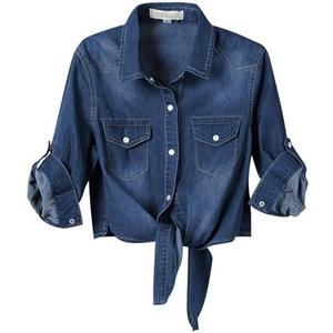 Omoone Women's 3/4 Sleeve Denim Crop Top Tie Knot Shirt Cardigan Size XL