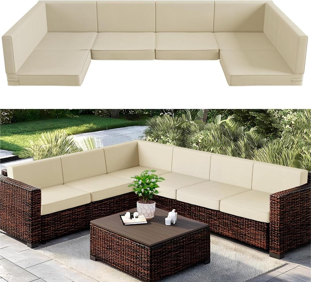 Codi 14-Piece Outdoor Cushions for Patio Furniture, 6 Seat (25.6'' x 25.6'') Waterproof Replacement Cushion Set - High-Density Foam, UV Resistant, Fits Wicker & Rattan Sectional Sofas Beige