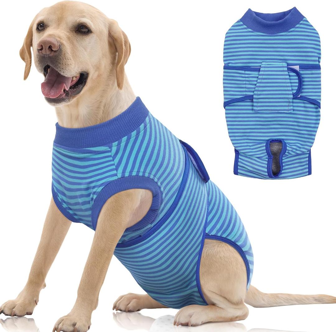 FUAMEY Recovery Suit for Dogs After Surgery,Soft Breathable Dog Bodysuit E-Collar & Cone Alternative Surgical Suit,Male Female Dog Neuter Spay Suits Anti Licking Wounds Onesie Navy Blue Strips, XL