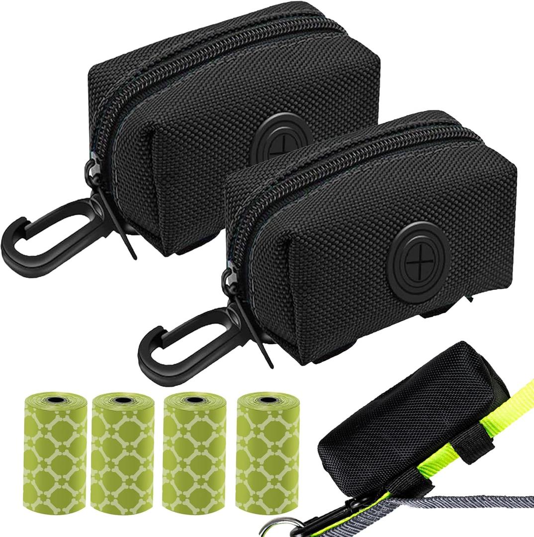 (2 Pack) Dog Poop Bag Holder, Poop Bag Holders for Leashes, CAKOVANO Doggie Waste Bag Dispenser Small Doggy Poop Bag Zipper Pouch with Carabiner Clip with 80 Pet Trash Bags, Black