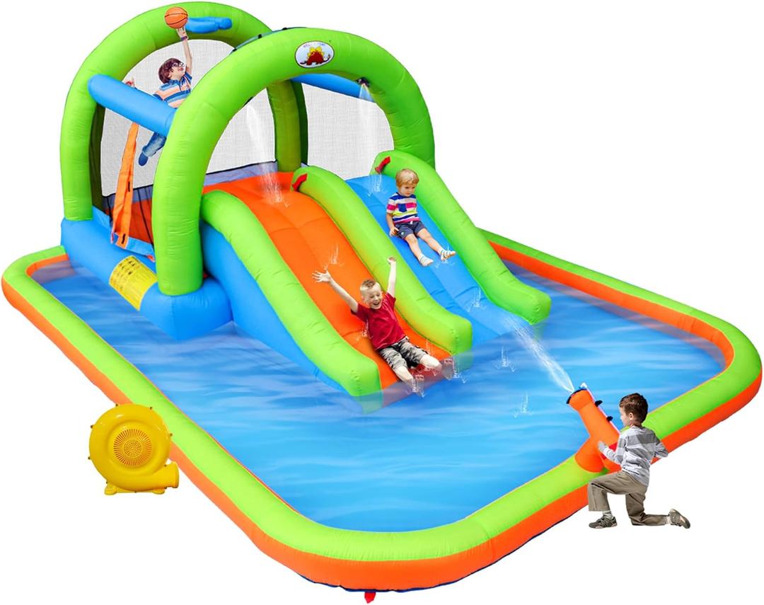 WELLFUNTIME Inflatable Jumping Castle with Blower, and Bouncy House with Double Slide with Basketball Ring, Jumping Area for 3 Kids