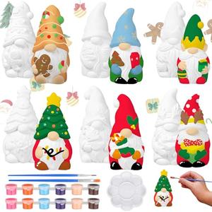 Eersida 2 Sets Christmas Gnome Ceramics to Paint Xmas Ready to Paint Your Own Ceramic Gnome Statues DIY Unpainted Ceramics Paintable Figurines Kit Crafts with Brush Palette