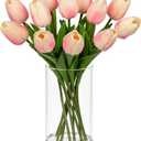 DILATATA 12 Pcs Artificial Real Touch Orange Tulips in Glass Vase with Faux Water, Small Tulip Arrangement for Wedding, Table Centerpieces, Home Decor