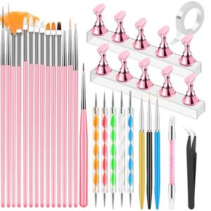 YOOVR Nail Art Tools Set, Nail Stand for Press on Holder for Painting Nails, Nail Art Brushes, Liner Brushes, Nail Dotting Tool, Must Haves Design Tools Supplies Kit for Nail Tech & Beginners (Pink)