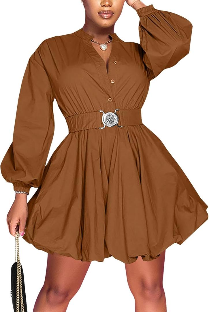 Uni Clau Womens Button Down Shirt Dress Long Sleeve A-Line Casual Puffy Short Mini Dress with Belt (XL, Brown)