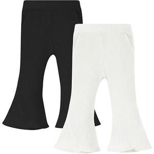 SOBOWO Baby Girl Flare Pants 2 Pack Toddler Solid Ribbed Ruffle Bell Bottoms Pants Trousers Fall Outfits 12-18 m, Black/Apricot 