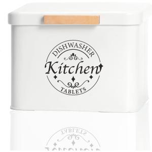 Dishwasher Pod Container with Hinged Lid. Farmhouse Metal Dishwaser Pods Holder for Kitchen Cabinet Organizer. Modern Kitchen Decor and Accessories. Dishwasher Detergent Tablet Storage(Cream)