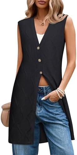 ZXZY Womens Dressy Casual Long Sweater Cardigan Sleeveless V Neck Button Up Cable Knit Tunic Vests M