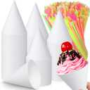 Eaasty 200 Pcs Snow Cone and Straws Cone Cups 4.5 oz Spoon Straws Disposable Paper Cups Straw Spoon for Slush Shaved Ice Cream Sorbet Water (White)