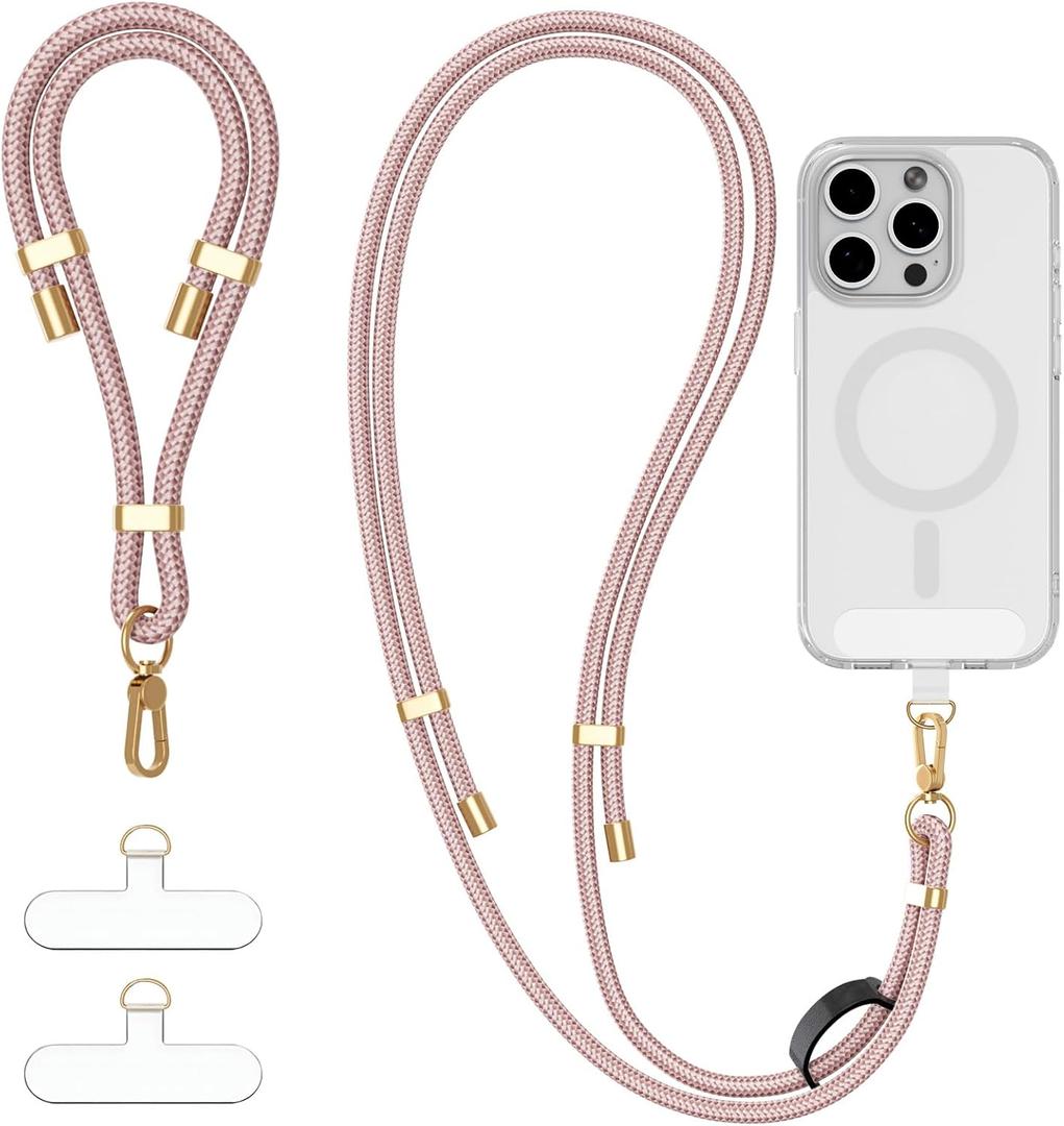 4-IN-1 Phone Lanyard + Wrist Strap Kit with 2 Pack Tabs, Universal Adjustable Phone Strap Crossbody, Anti-Theft Neck Lanyard for iPhone 16 Pro Max and Most Smartphones, Rose Gold