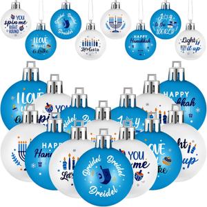 Barydat 24 Pcs Happy Hanukkah Ornament for Tree Balls Chanukah Hanging Ornaments Star of David Hanukkah Ornament Balls White Blue Jewish Menorah Ornaments for Xmas Tree Decoration (Classic Style)