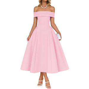 ZESICA Summer 2026 Cocktail Dresses for Women's Off Shoulder Short Sleeve Swing A Line Wedding Evening Party Midi Dress (Pink, M)