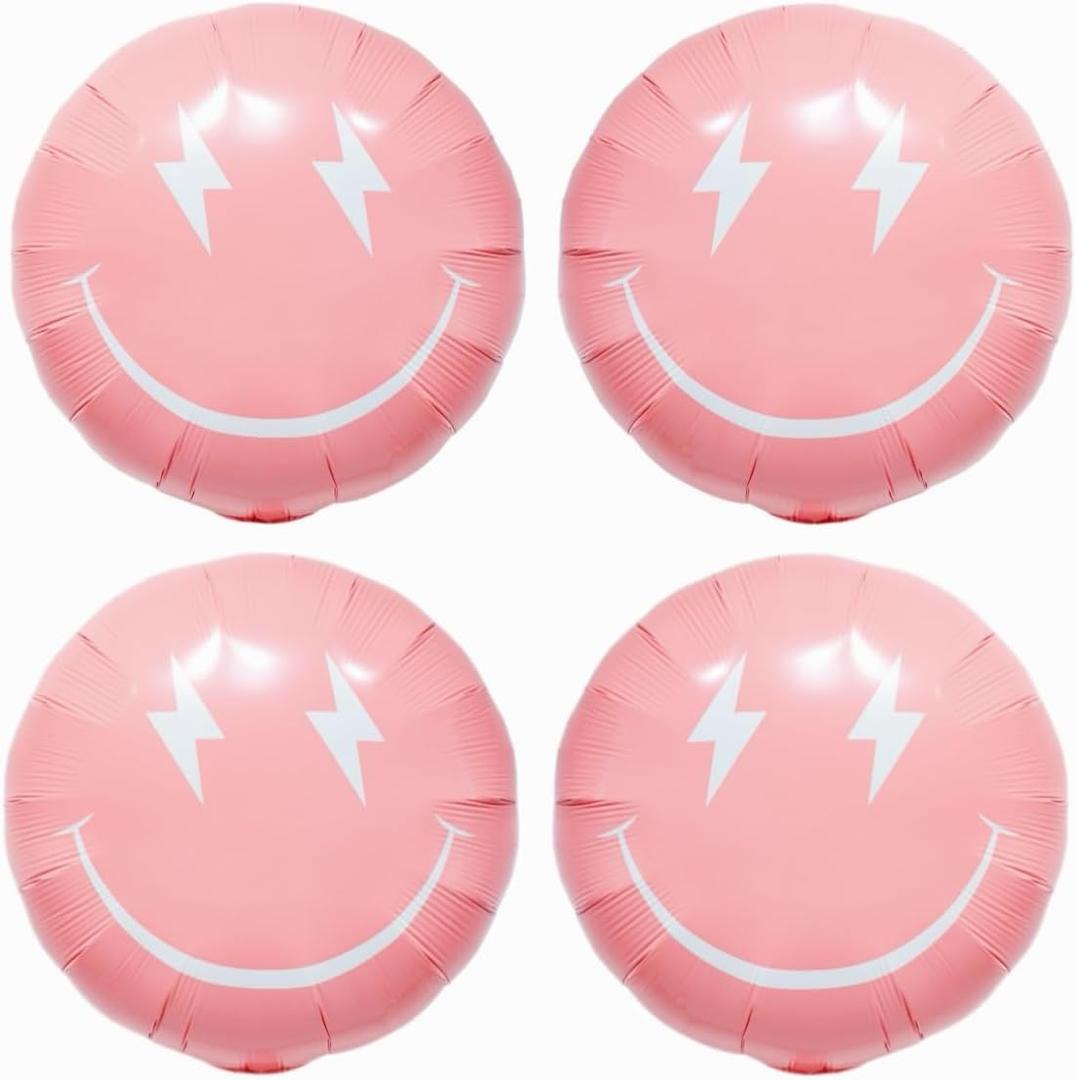 4PCS Pink Smile Face Balloons 23 Inch/Pink Preppy Themed Party Decor/Preppy Y2k Hot Pink Party Balloons Smile Face Lightning Supplies for Teen Hippie Girls Bachelorette Early 2000s Theme